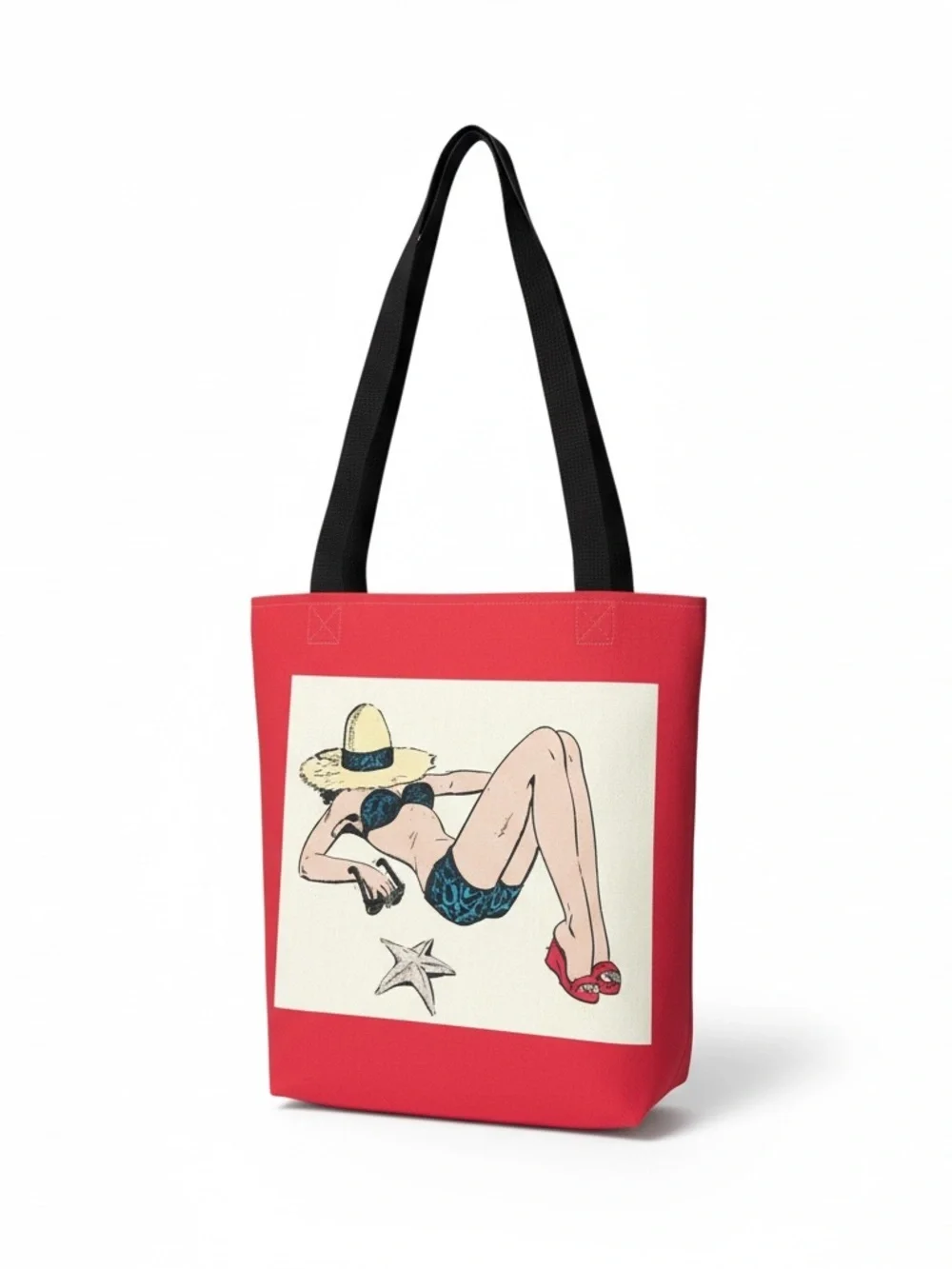 Red Graphic Pinup Girl Canvas Beach Tote Bag Beach Market Bag